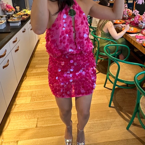 ASOS Design Pink clear sequin fringe halter mini dress Size 4 - Picture 1 of 8